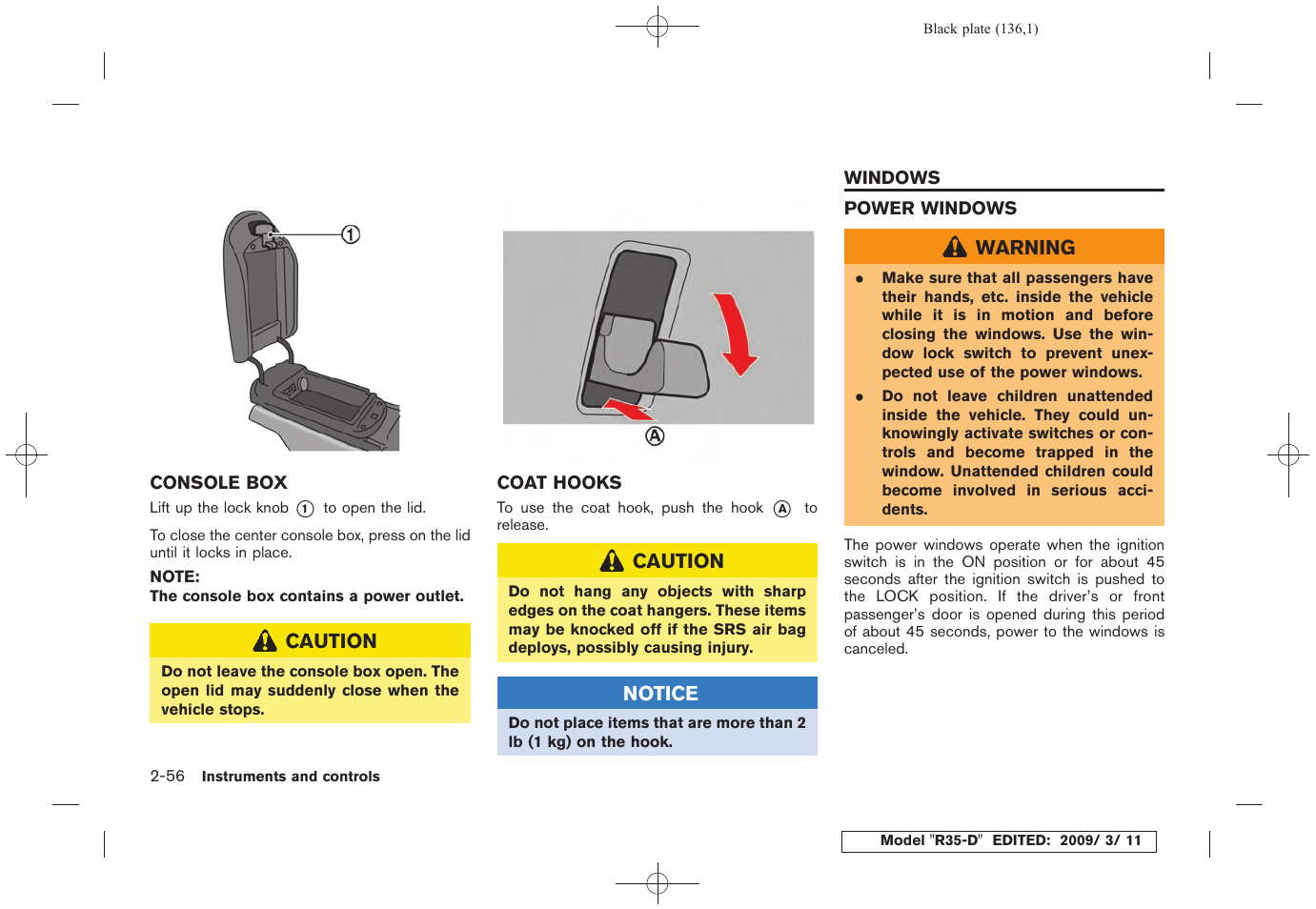 Console box -56 coat hooks -56, Windows -56, Power windows -56 | NISSAN 2010 GT-R Sports Sedan User Manual | Page 139 / 314