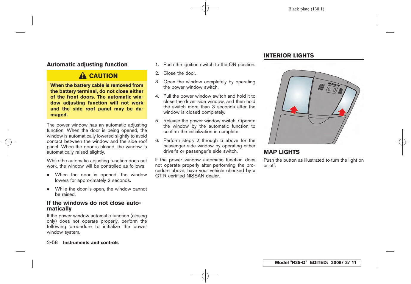 Interior lights -58, Map lights -58 | NISSAN 2010 GT-R Sports Sedan User Manual | Page 141 / 314