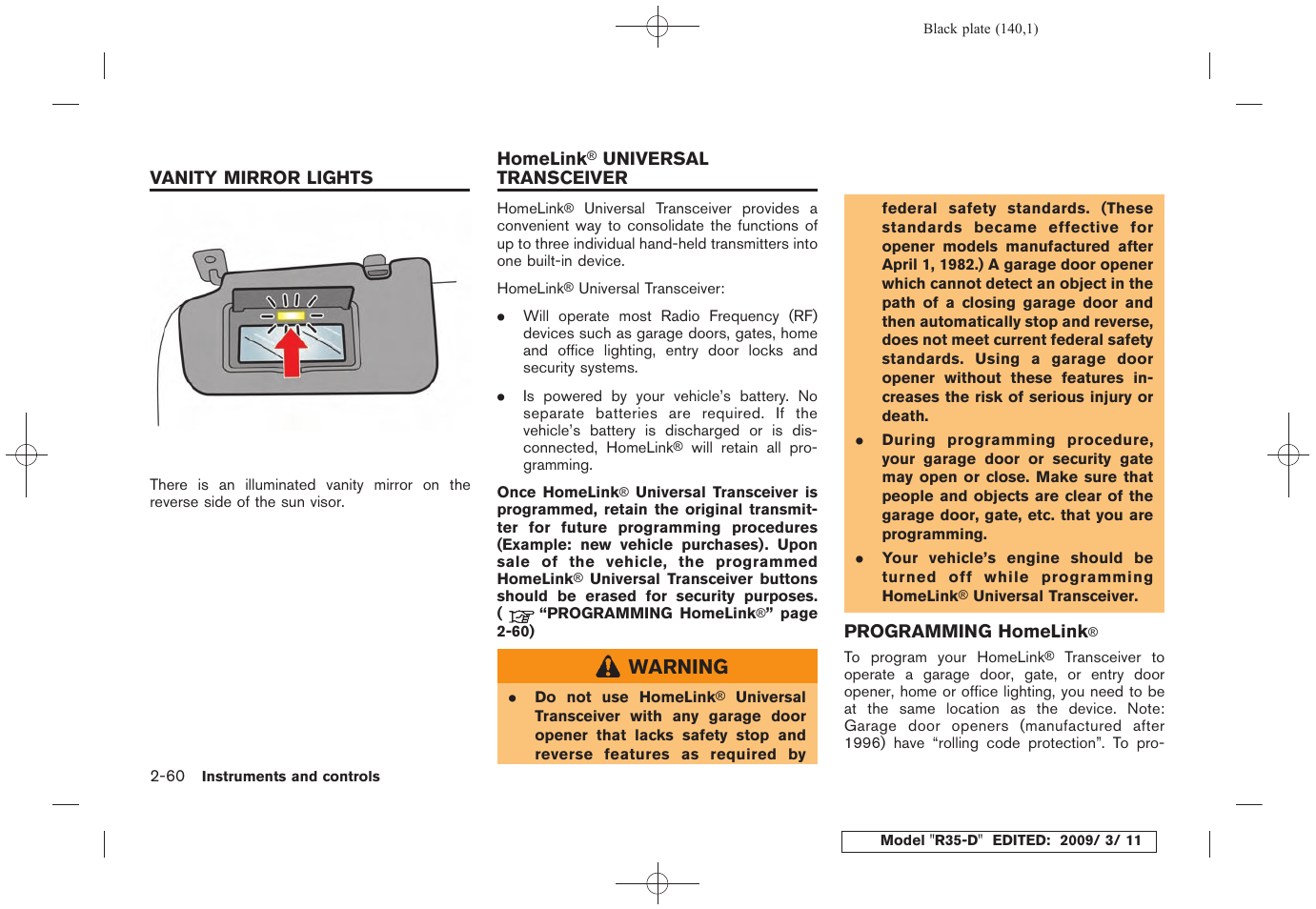 Vanity mirror lights -60 homelink, Universal transceiver -60, Programming homelink | NISSAN 2010 GT-R Sports Sedan User Manual | Page 143 / 314