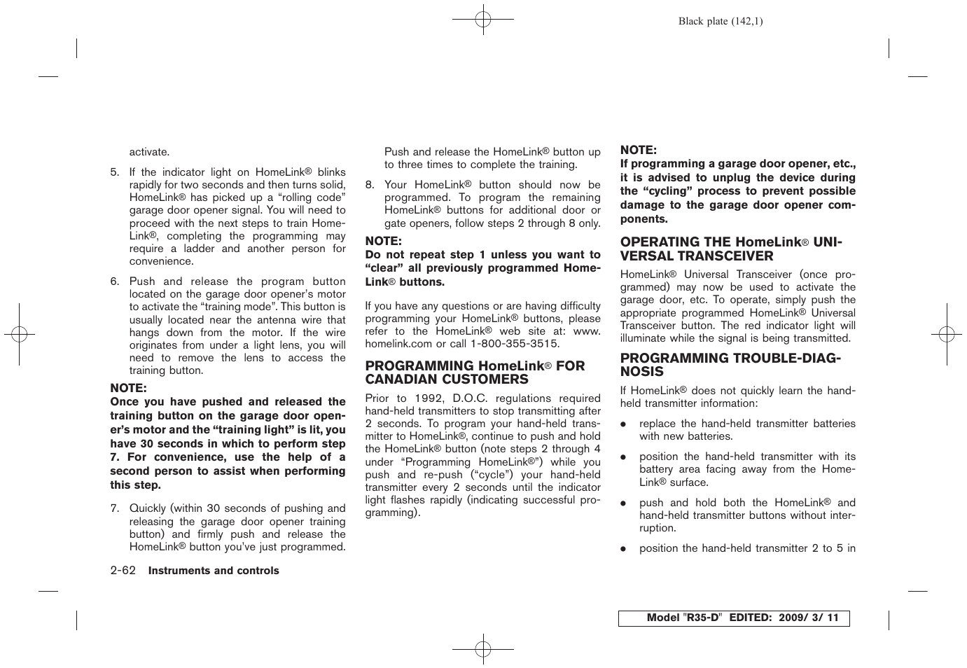 Programming homelink, For canadian, Customers -62 operating the homelink | Universal, Transceiver -62 programming trouble-diagnosis -62 | NISSAN 2010 GT-R Sports Sedan User Manual | Page 145 / 314