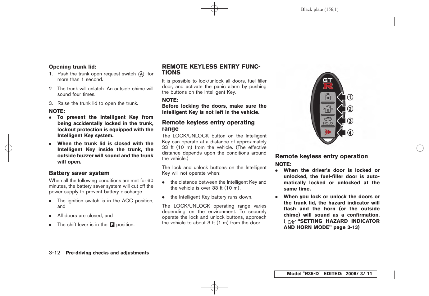 Remote keyless entry functions -12 | NISSAN 2010 GT-R Sports Sedan User Manual | Page 159 / 314