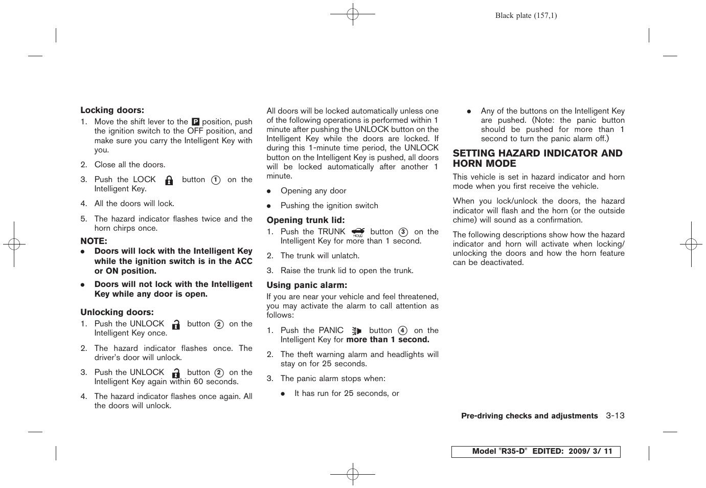 Setting hazard indicator and horn mode -13 | NISSAN 2010 GT-R Sports Sedan User Manual | Page 160 / 314