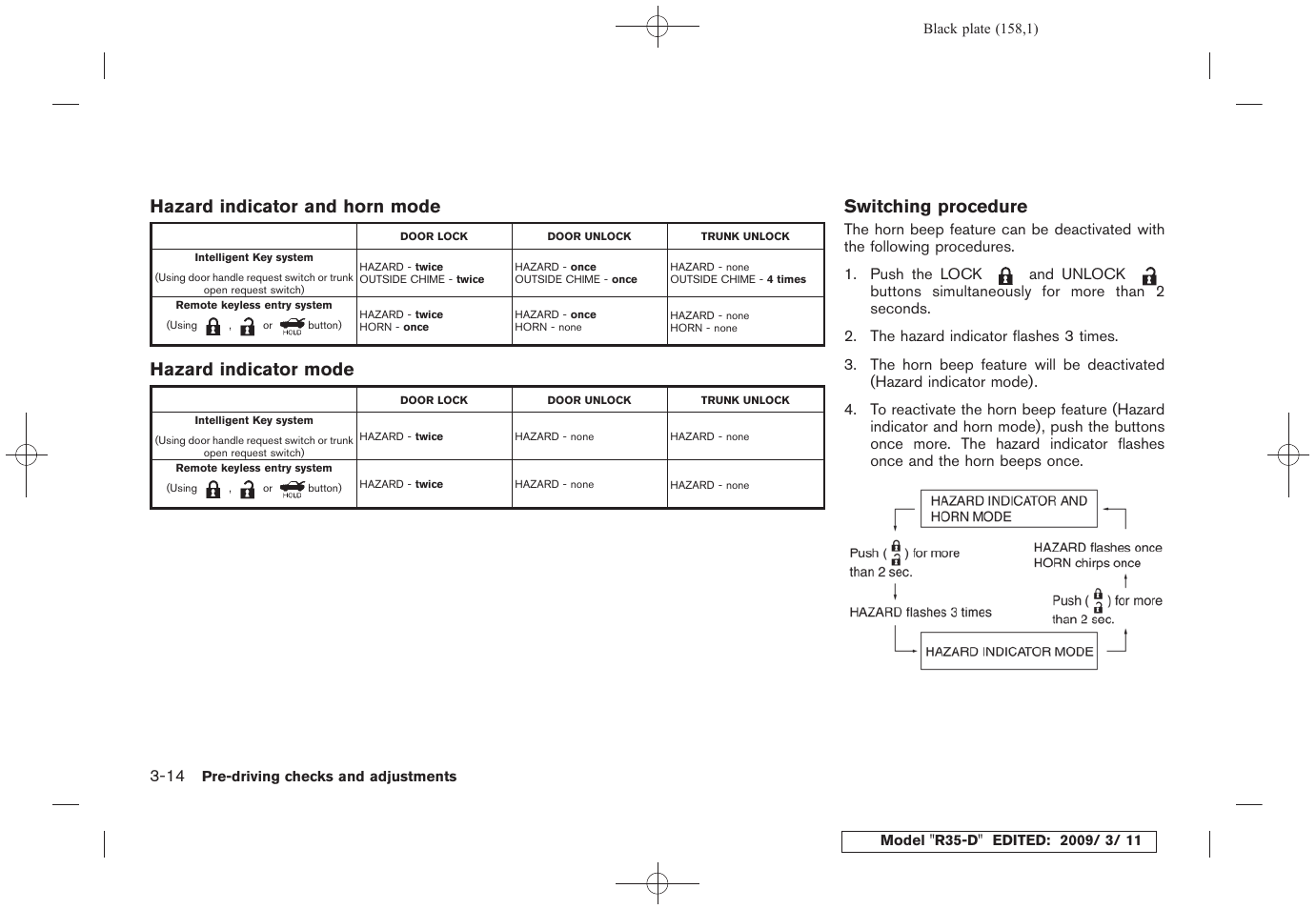 Hazard indicator and horn mode, Hazard indicator mode, Switching procedure | NISSAN 2010 GT-R Sports Sedan User Manual | Page 161 / 314