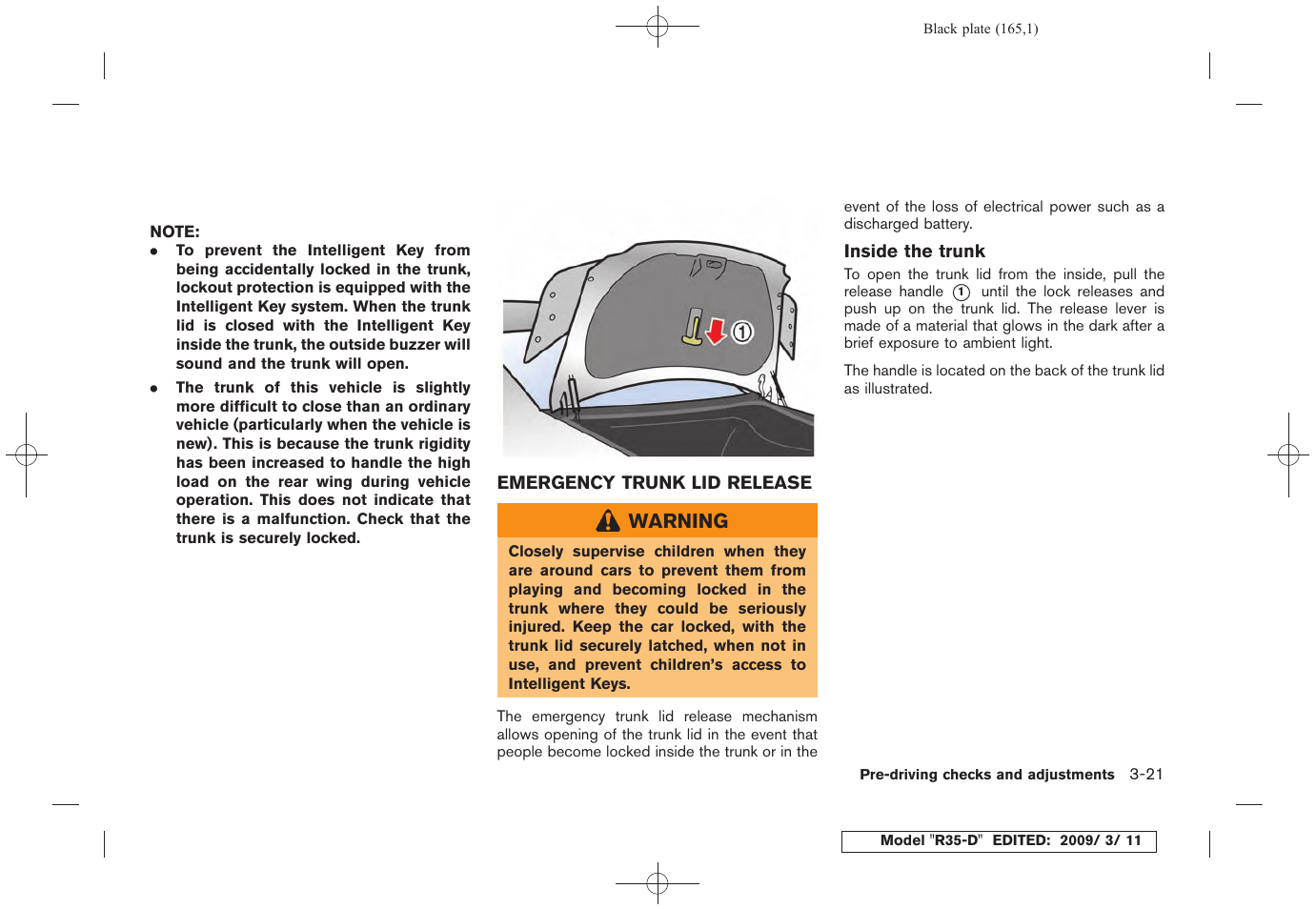 Emergency trunk lid release -21 | NISSAN 2010 GT-R Sports Sedan User Manual | Page 168 / 314