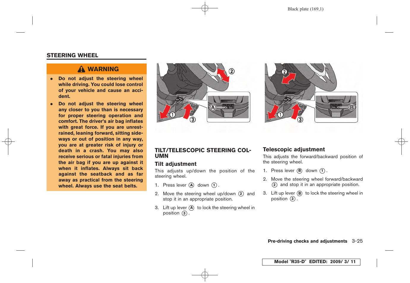 Steering wheel -25, Tilt/telescopic steering column -25 | NISSAN 2010 GT-R Sports Sedan User Manual | Page 172 / 314