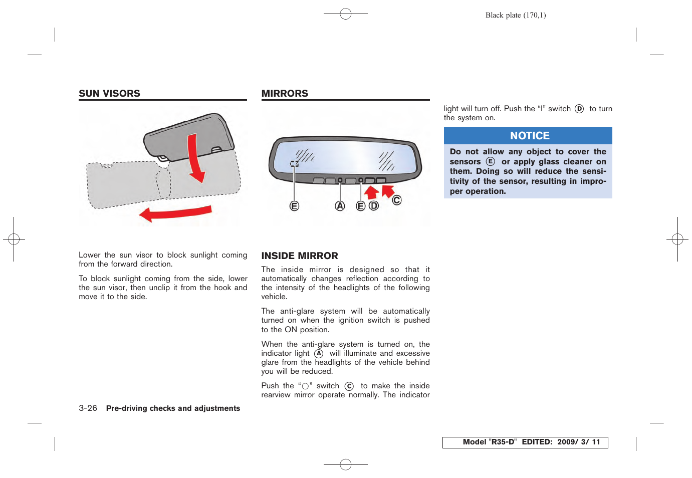 Sun visors -26 mirrors -26, Inside mirror -26 | NISSAN 2010 GT-R Sports Sedan User Manual | Page 173 / 314