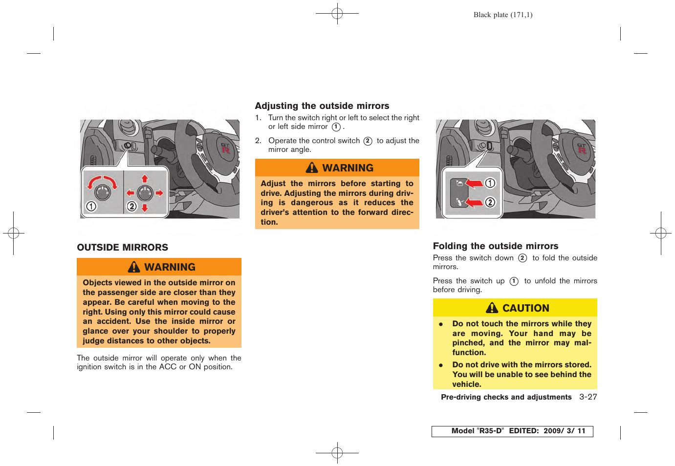 Outside mirrors -27 | NISSAN 2010 GT-R Sports Sedan User Manual | Page 174 / 314