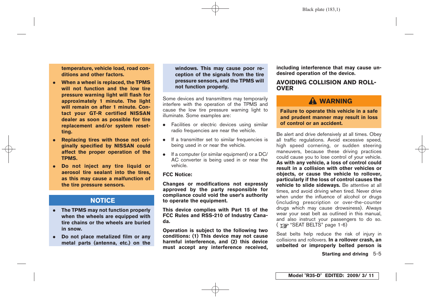 Avoiding collision and rollover -5 | NISSAN 2010 GT-R Sports Sedan User Manual | Page 184 / 314