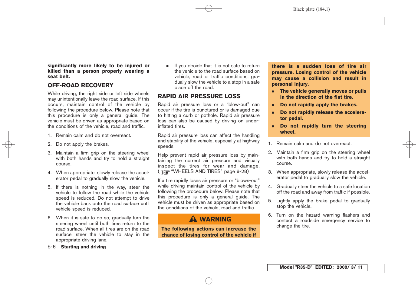 Off-road recovery -6 rapid air pressure loss -6 | NISSAN 2010 GT-R Sports Sedan User Manual | Page 185 / 314