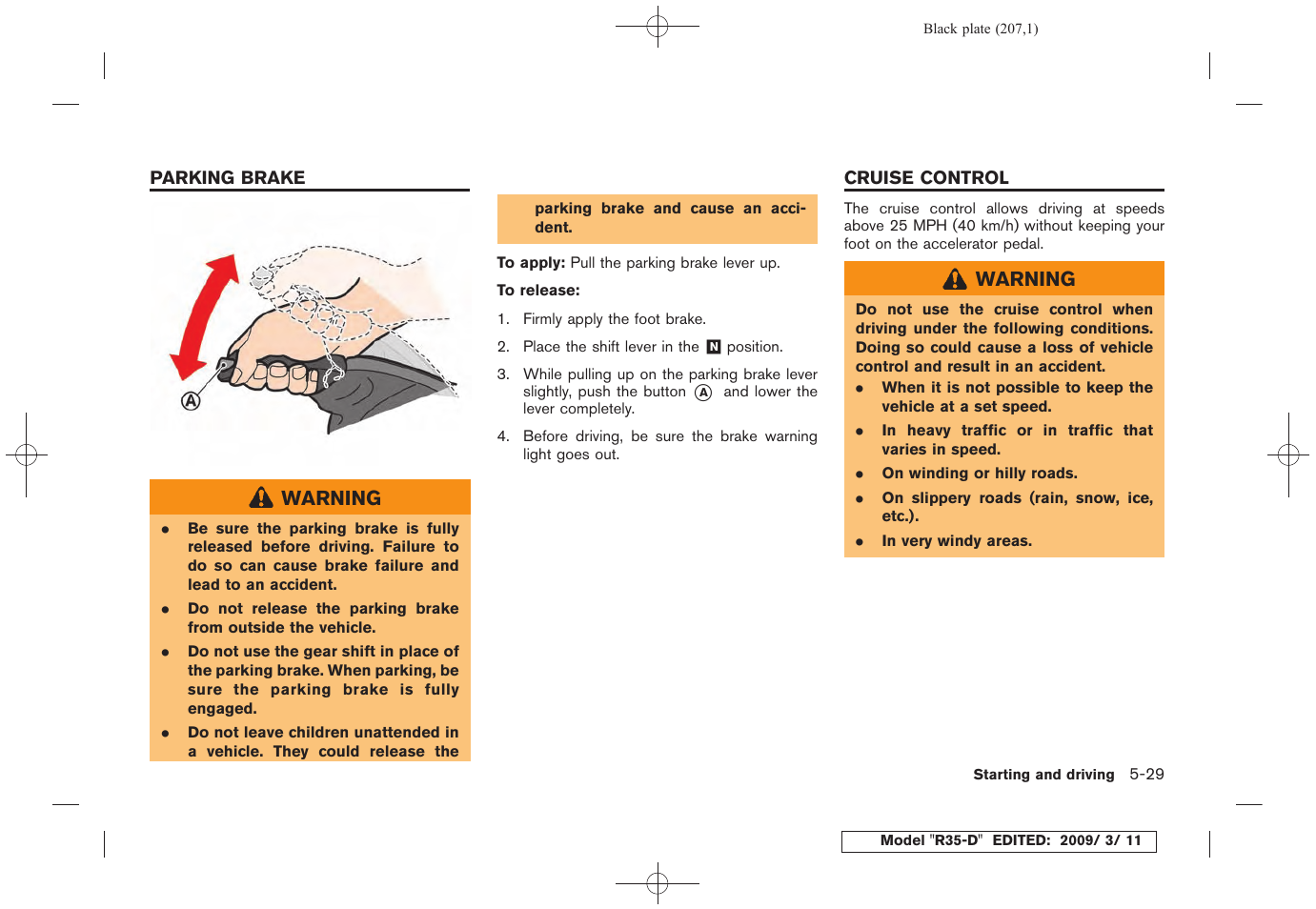 Parking brake -29 cruise control -29 | NISSAN 2010 GT-R Sports Sedan User Manual | Page 208 / 314