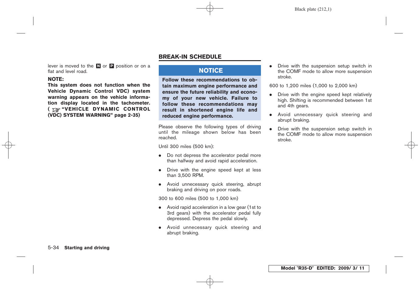 Break-in schedule -34 | NISSAN 2010 GT-R Sports Sedan User Manual | Page 213 / 314