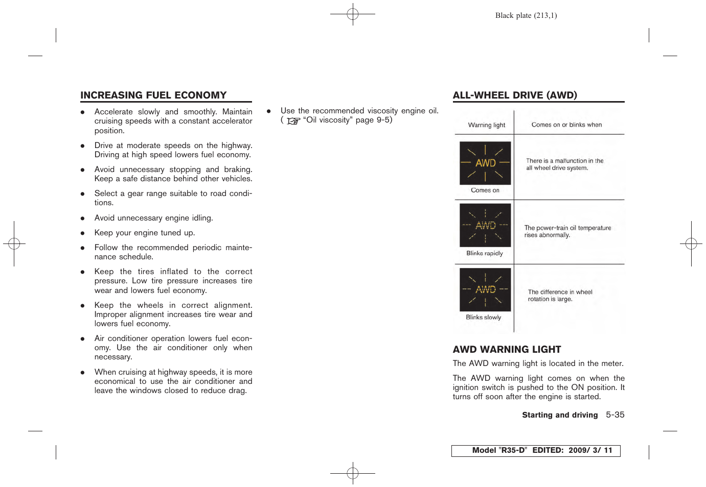 Awd warning light -35 | NISSAN 2010 GT-R Sports Sedan User Manual | Page 214 / 314