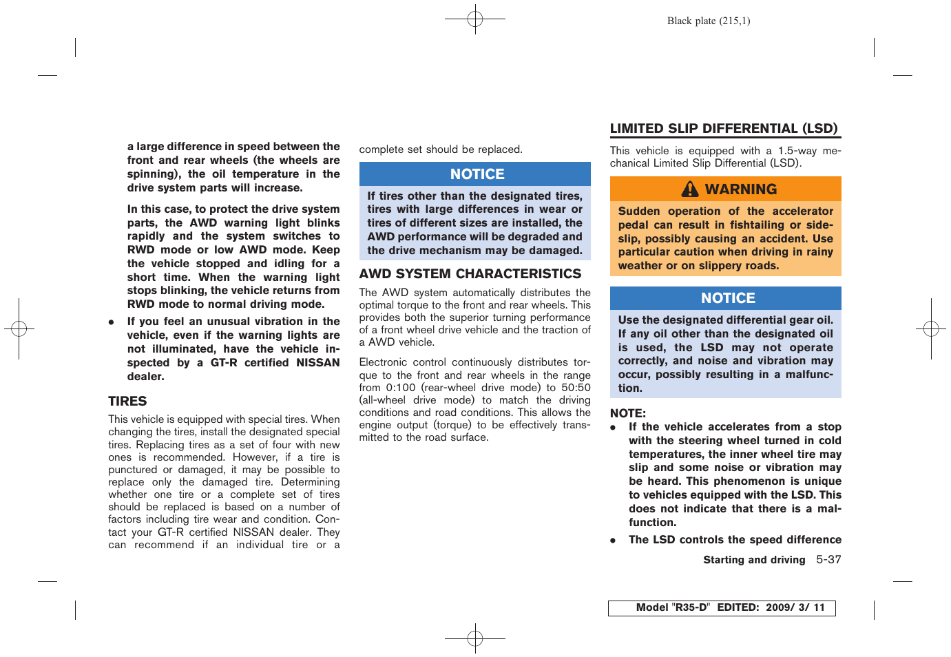 Tires -37 awd system characteristics -37, Limited slip differential (lsd) -37 | NISSAN 2010 GT-R Sports Sedan User Manual | Page 216 / 314