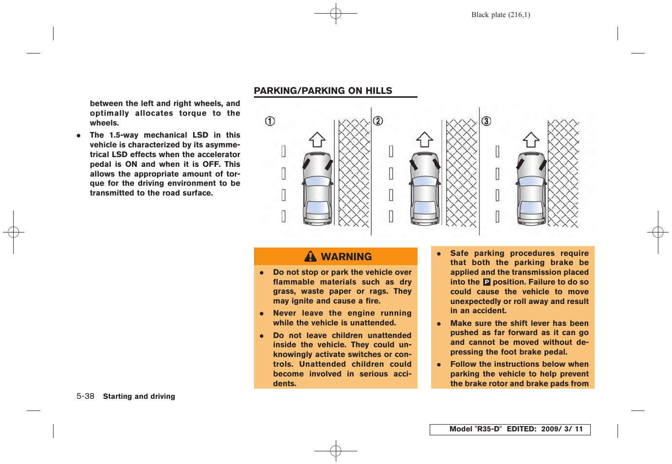 Parking/parking on hills -38 | NISSAN 2010 GT-R Sports Sedan User Manual | Page 217 / 314