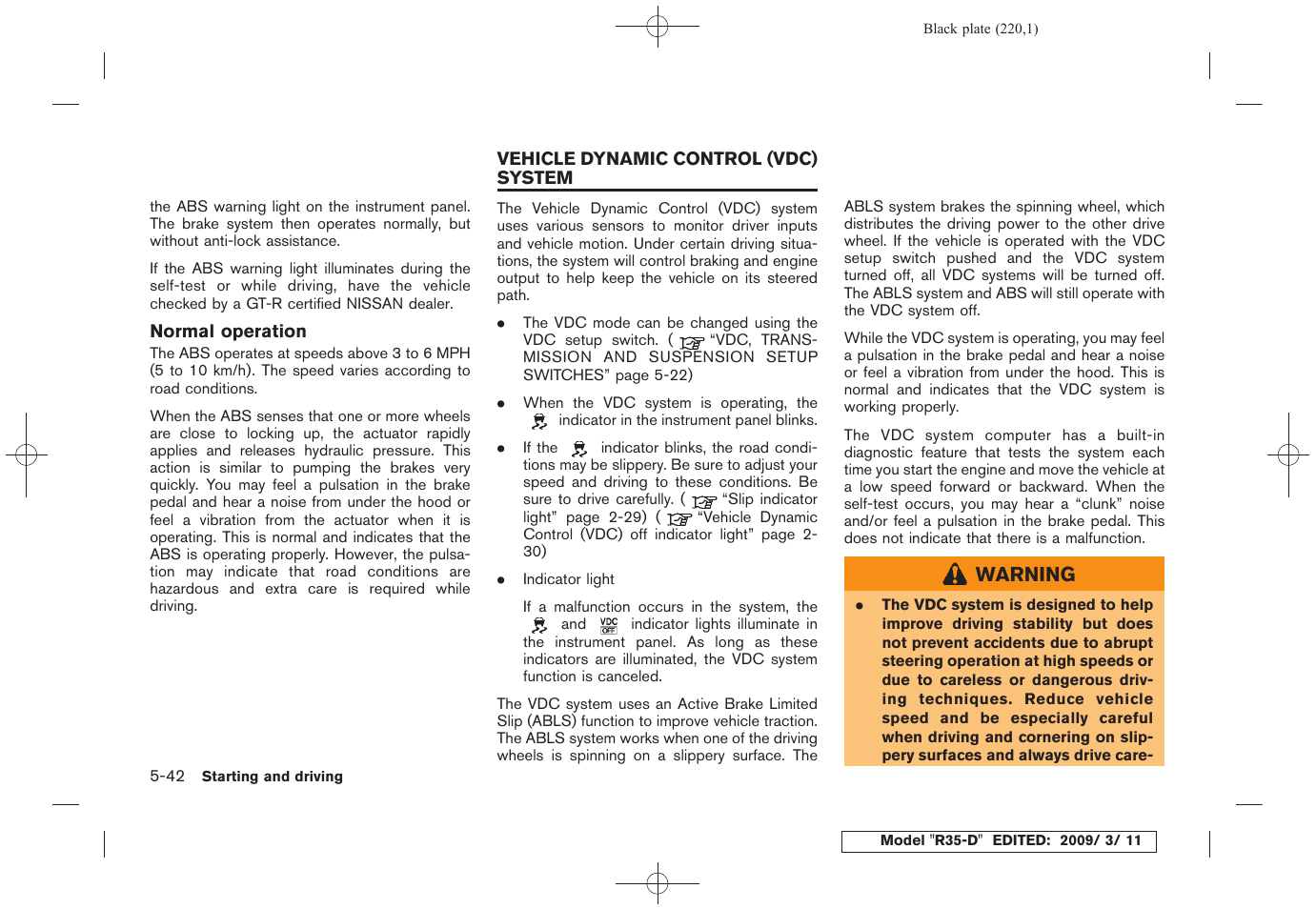 Vehicle dynamic control (vdc) system -42 | NISSAN 2010 GT-R Sports Sedan User Manual | Page 221 / 314