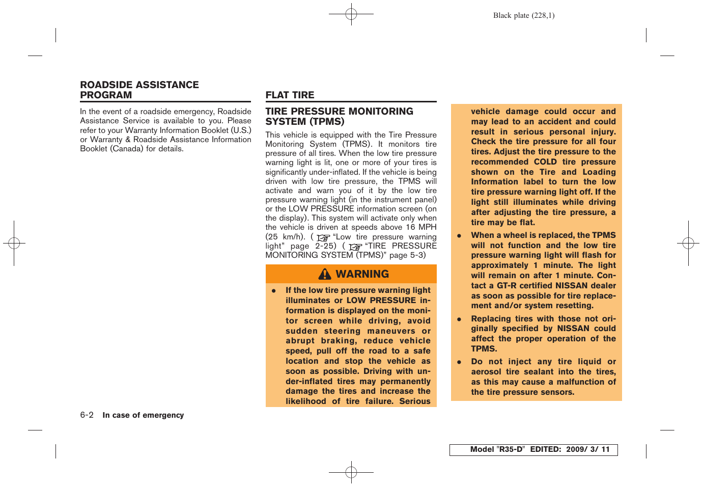 Roadside assistance program -2 flat tire -2, Tire pressure monitoring system (tpms) -2 | NISSAN 2010 GT-R Sports Sedan User Manual | Page 227 / 314