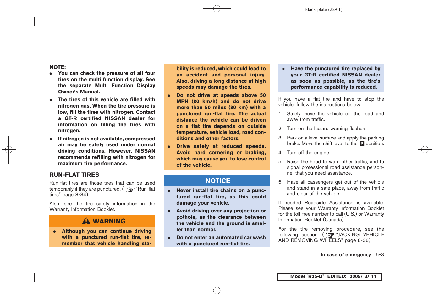 Run-flat tires -3 | NISSAN 2010 GT-R Sports Sedan User Manual | Page 228 / 314