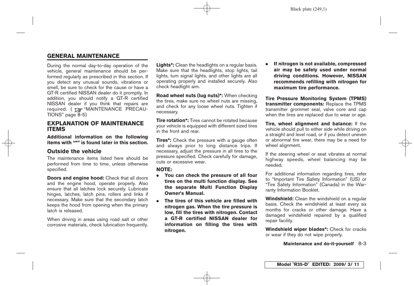 General maintenance -3, Explanation of maintenance items -3 | NISSAN 2010 GT-R Sports Sedan User Manual | Page 246 / 314