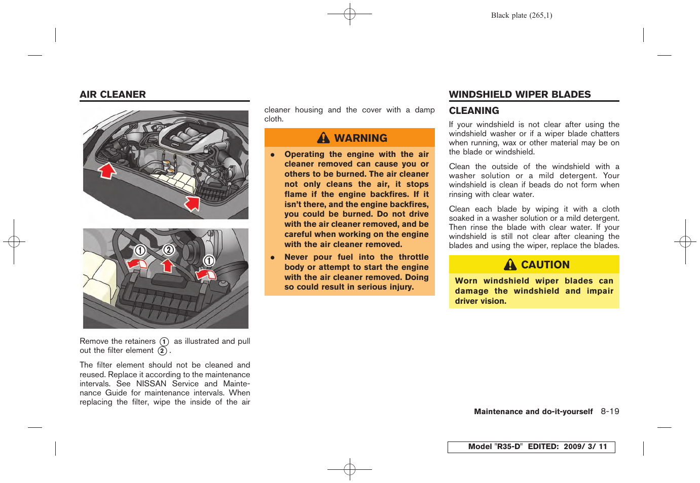 Air cleaner -19 windshield wiper blades -19, Cleaning -19 | NISSAN 2010 GT-R Sports Sedan User Manual | Page 262 / 314