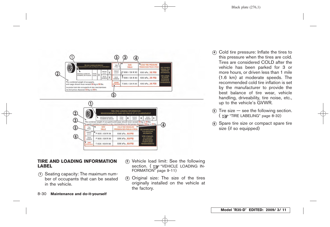 Tire and loading information label -30 | NISSAN 2010 GT-R Sports Sedan User Manual | Page 273 / 314