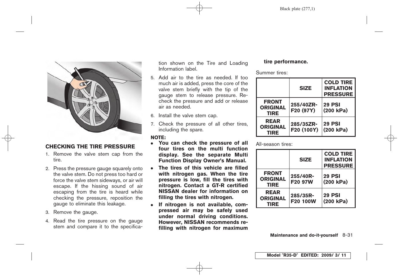 Checking the tire pressure -31 | NISSAN 2010 GT-R Sports Sedan User Manual | Page 274 / 314