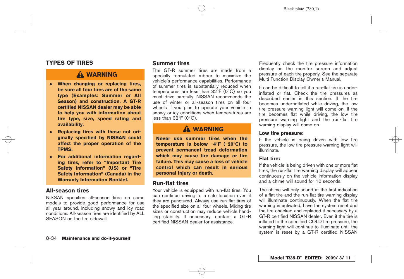 Types of tires -34 | NISSAN 2010 GT-R Sports Sedan User Manual | Page 277 / 314