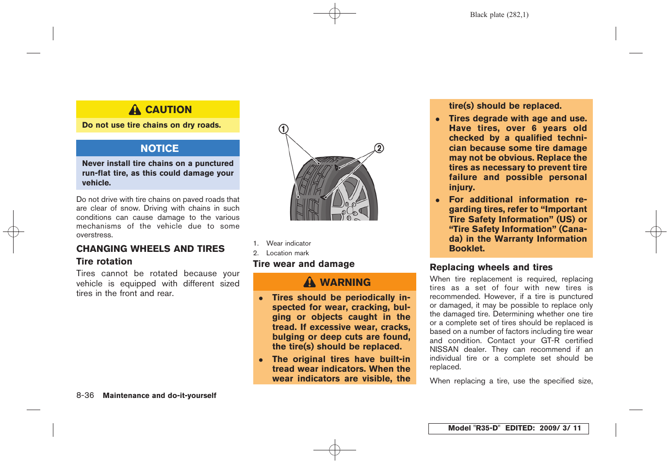 Changing wheels and tires -36 | NISSAN 2010 GT-R Sports Sedan User Manual | Page 279 / 314