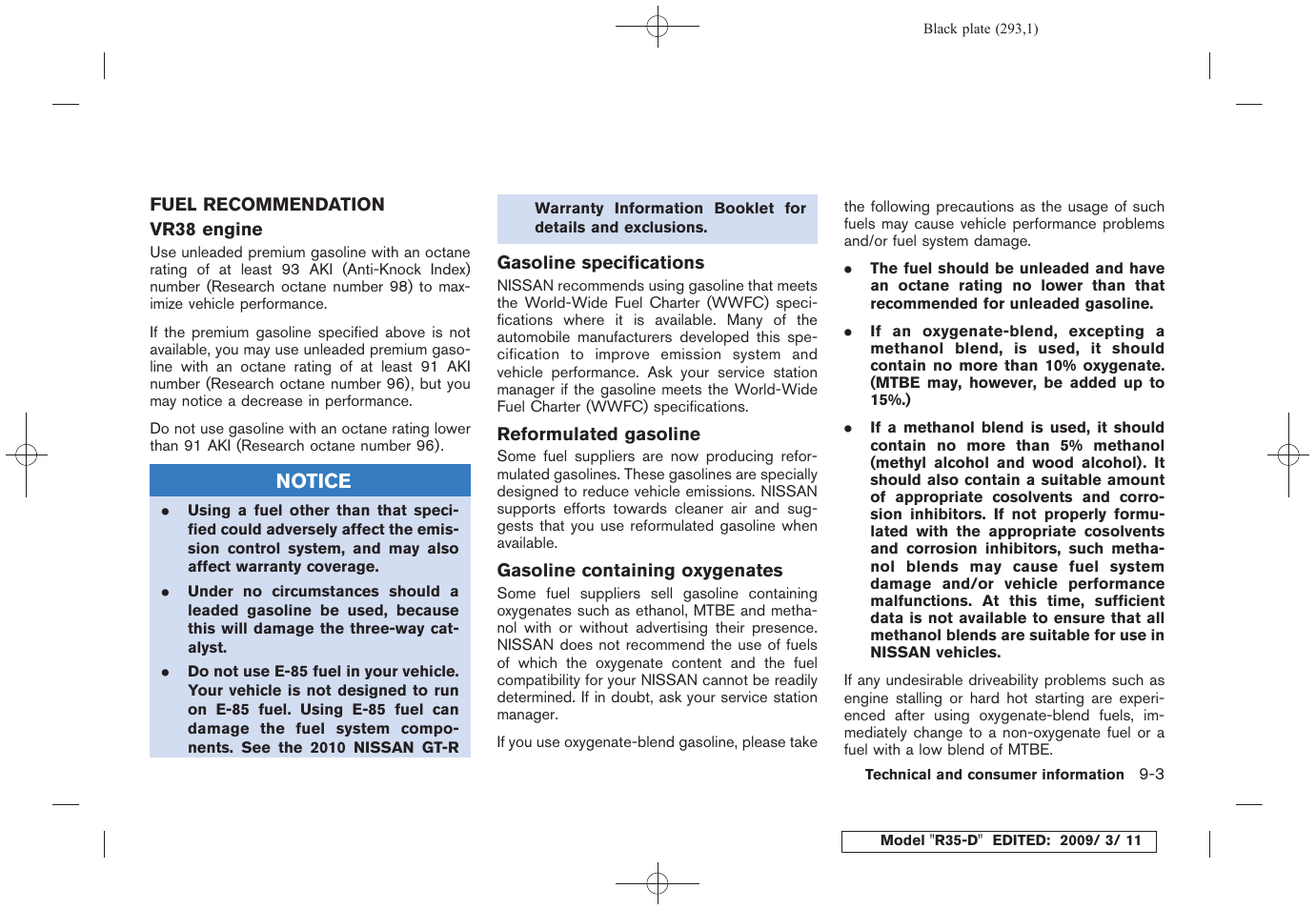 Fuel recommendation -3 | NISSAN 2010 GT-R Sports Sedan User Manual | Page 288 / 314