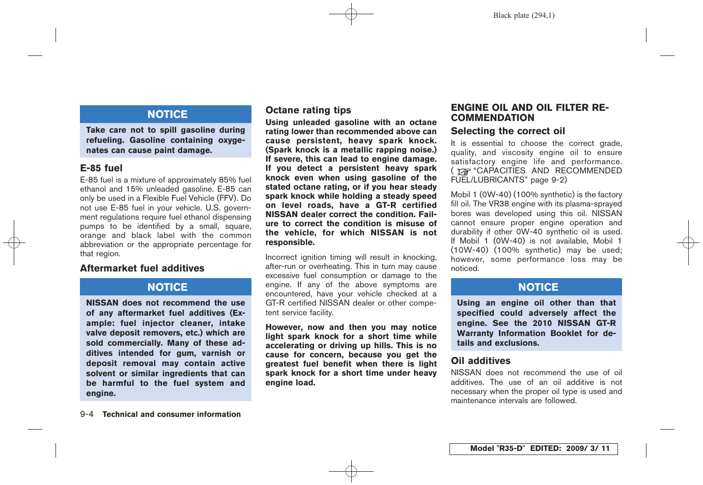 Engine oil and oil filter recommendation -4 | NISSAN 2010 GT-R Sports Sedan User Manual | Page 289 / 314