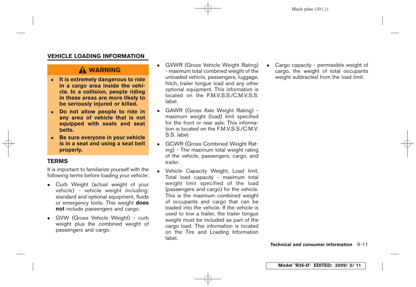 Vehicle loading information -11 | NISSAN 2010 GT-R Sports Sedan User Manual | Page 296 / 314