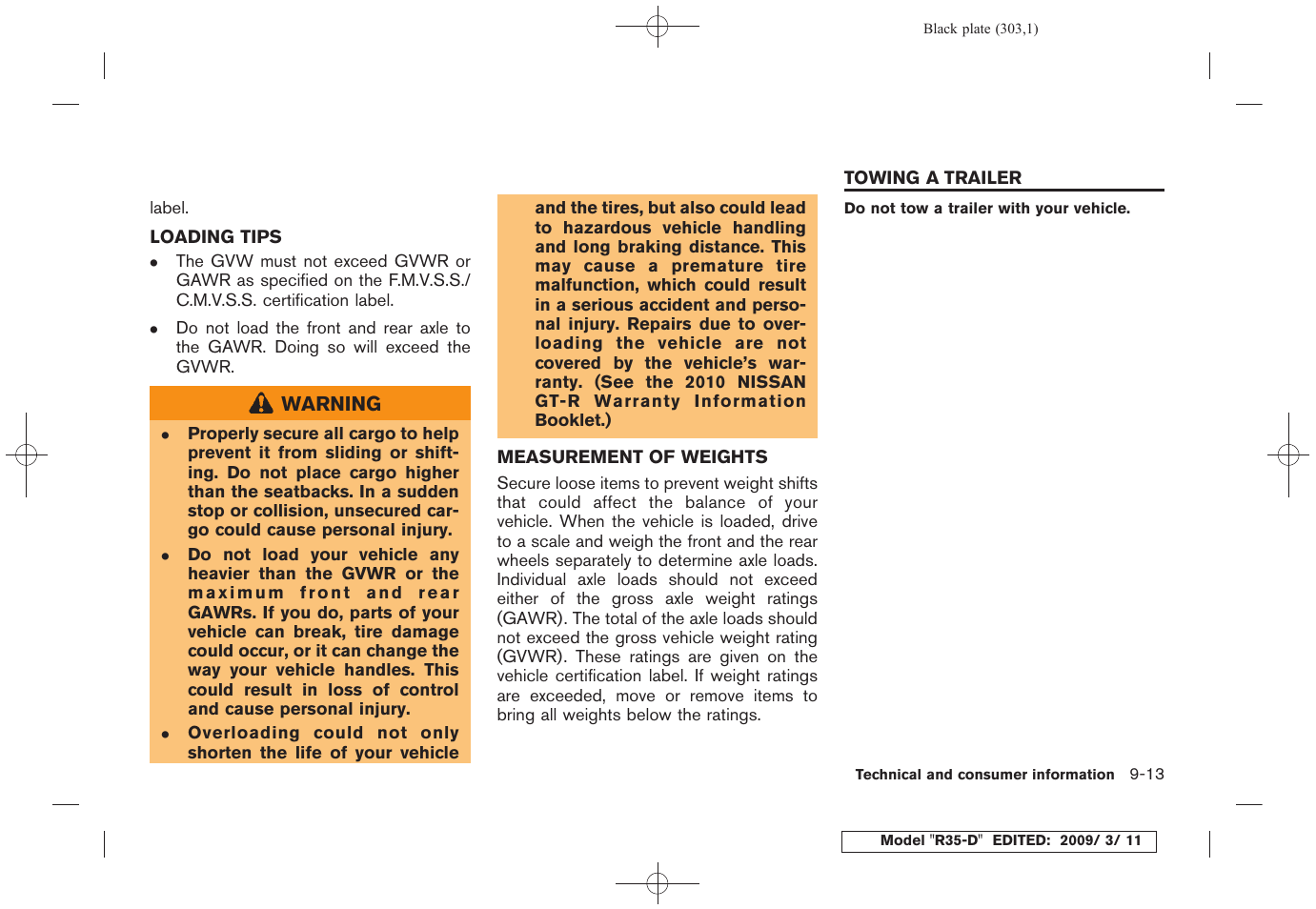 Loading tips -13 measurement of weights -13, Towing a trailer -13 | NISSAN 2010 GT-R Sports Sedan User Manual | Page 298 / 314