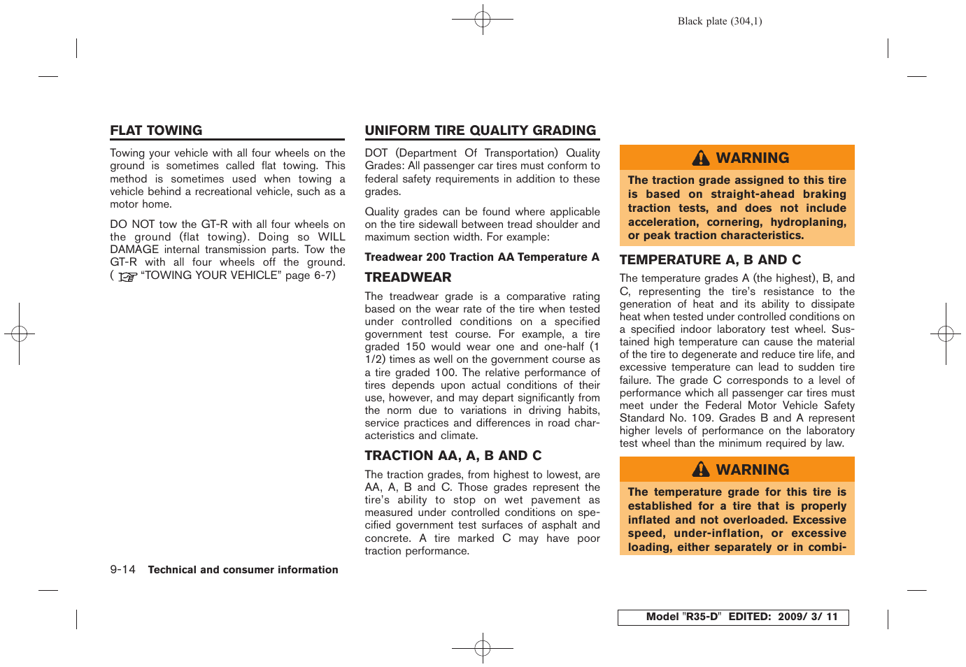 Flat towing -14 uniform tire quality grading -14 | NISSAN 2010 GT-R Sports Sedan User Manual | Page 299 / 314