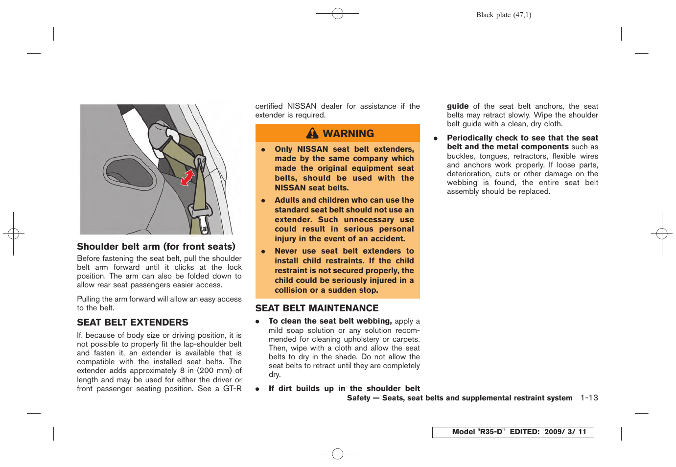 Seat belt extenders -13 seat belt maintenance -13 | NISSAN 2010 GT-R Sports Sedan User Manual | Page 50 / 314