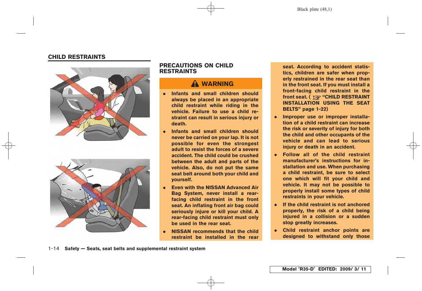 Child restraints -14, Precautions on child restraints -14 | NISSAN 2010 GT-R Sports Sedan User Manual | Page 51 / 314