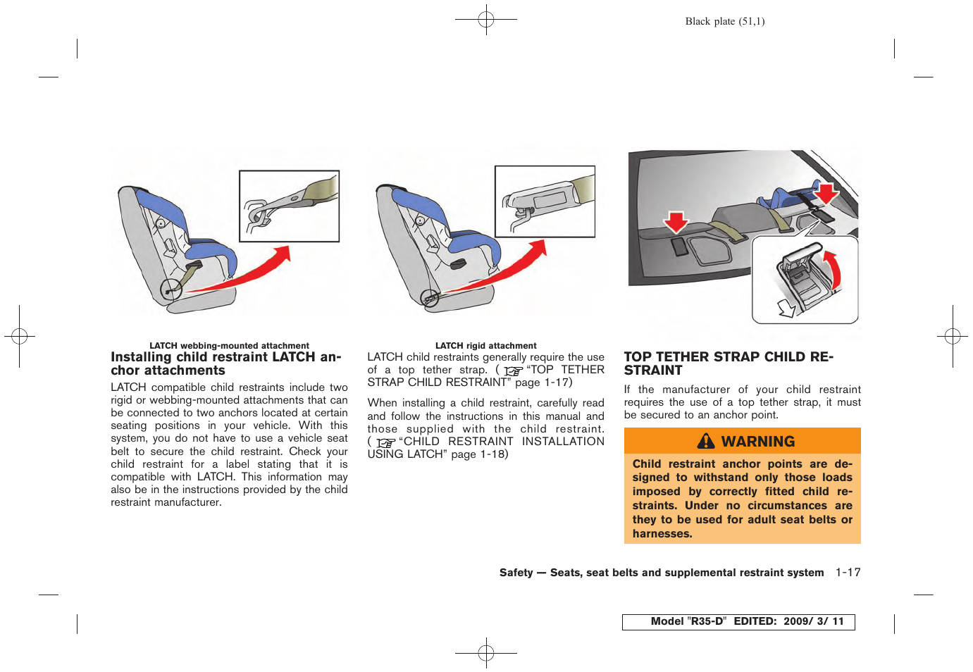 Top tether strap child restraint -17 | NISSAN 2010 GT-R Sports Sedan User Manual | Page 54 / 314