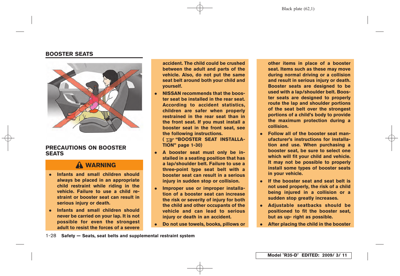 Booster seats -28, Precautions on booster seats -28 | NISSAN 2010 GT-R Sports Sedan User Manual | Page 65 / 314