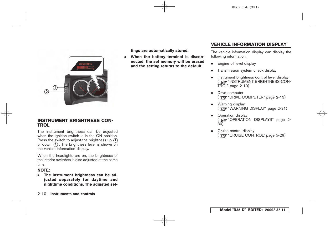 Instrument brightness control -10, Vehicle information display -10 | NISSAN 2010 GT-R Sports Sedan User Manual | Page 93 / 314