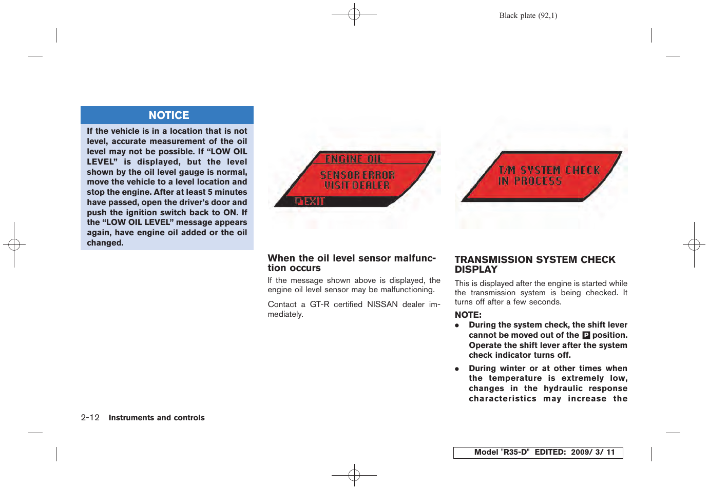 Transmission system check display -12 | NISSAN 2010 GT-R Sports Sedan User Manual | Page 95 / 314