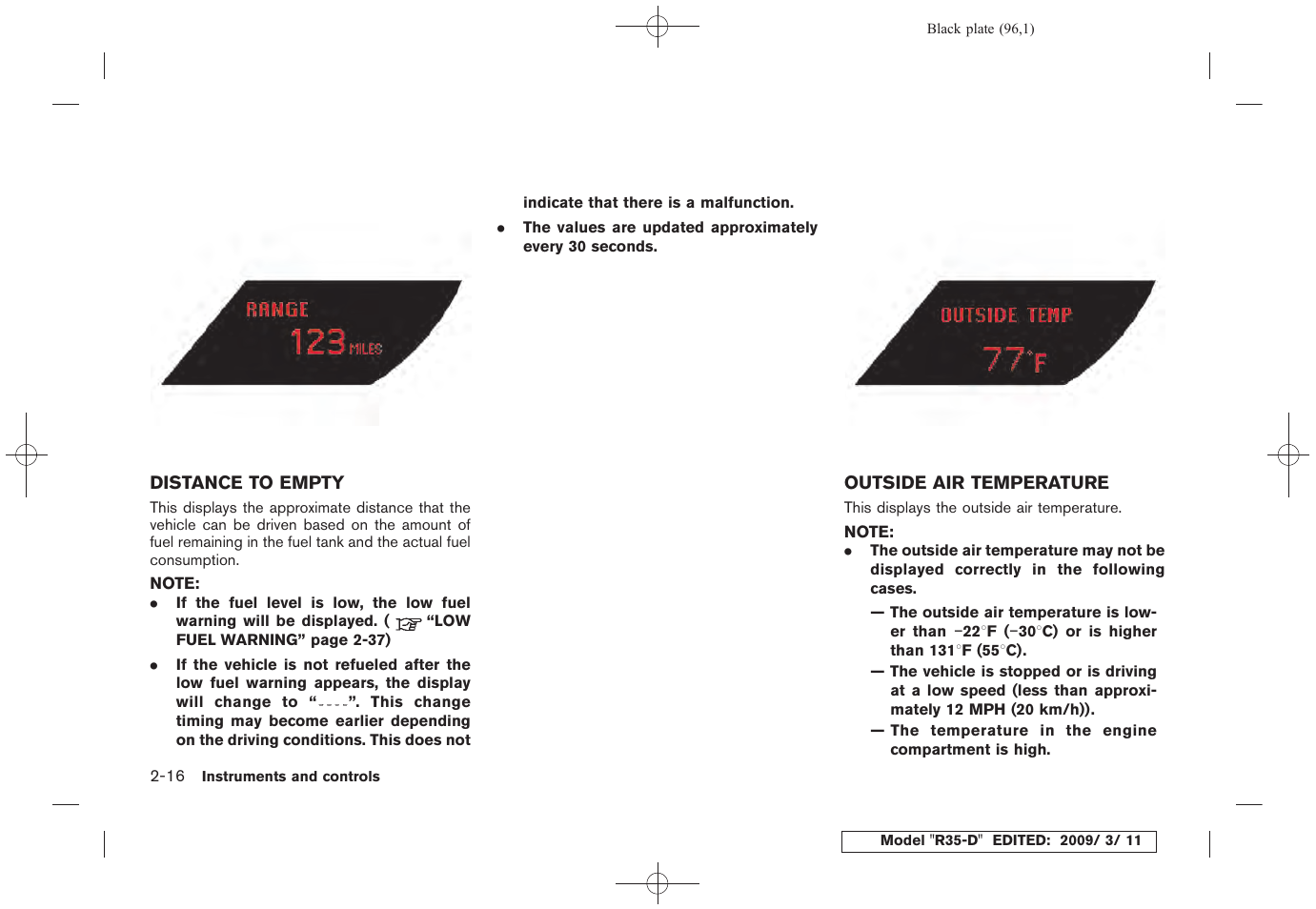 Distance to empty -16 outside air temperature -16 | NISSAN 2010 GT-R Sports Sedan User Manual | Page 99 / 314