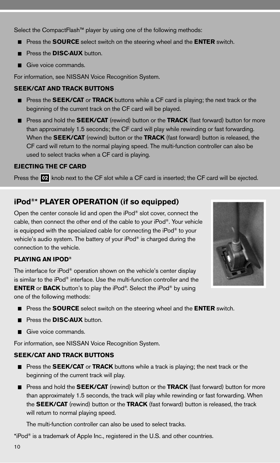 Ipod, Player operation (if so equipped) | NISSAN 2010 Murano User Manual | Page 12 / 48