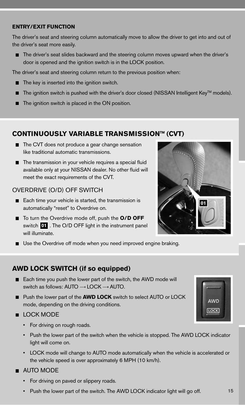 Continuously variable transmission™ (cvt), Awd lock switch (if so equipped) | NISSAN 2010 Murano User Manual | Page 17 / 48