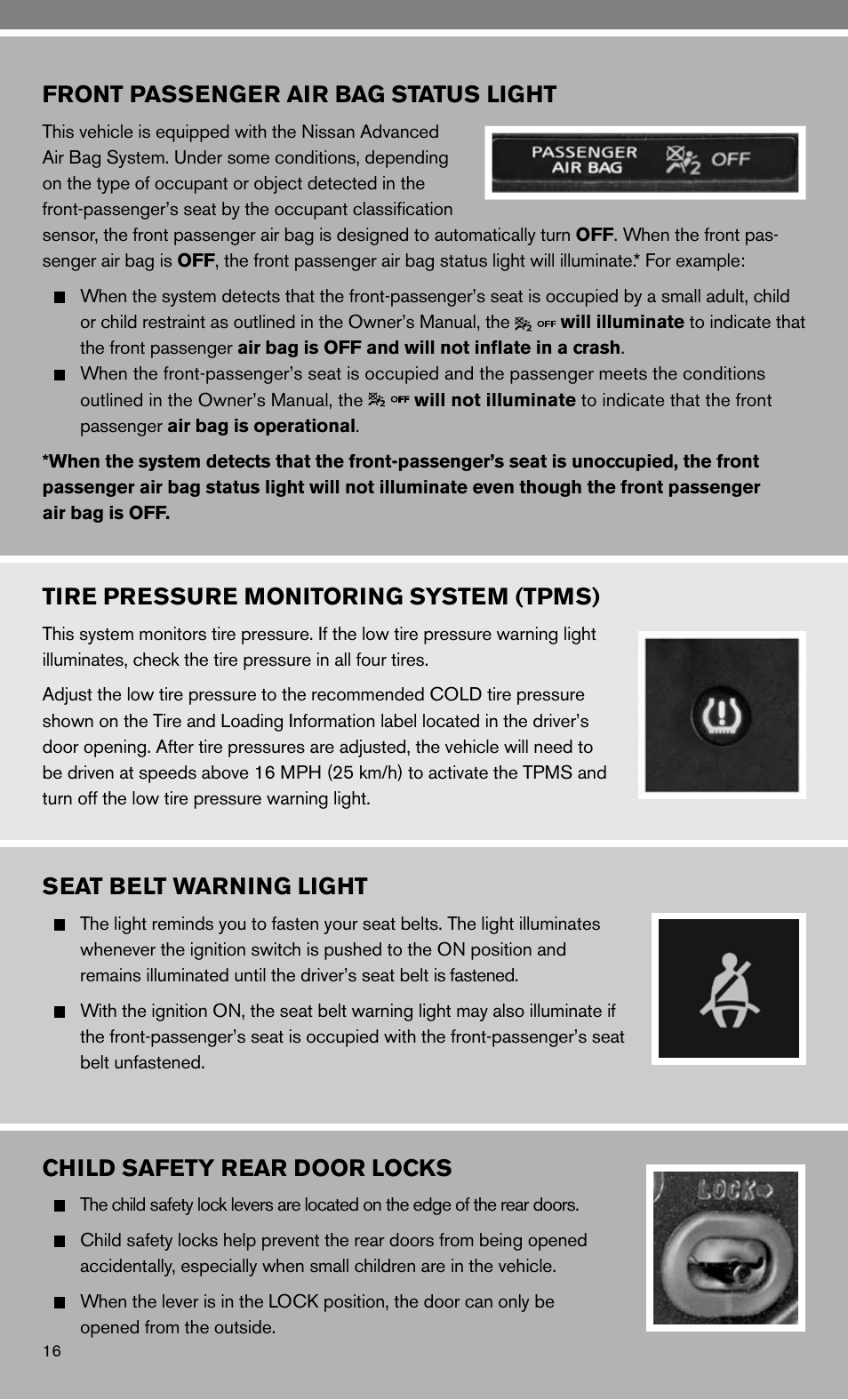 Tire pressure monitoring system (tpms), Front passenger air bag status light, Seat belt warning light | Child safety rear door locks | NISSAN 2010 Murano User Manual | Page 18 / 48