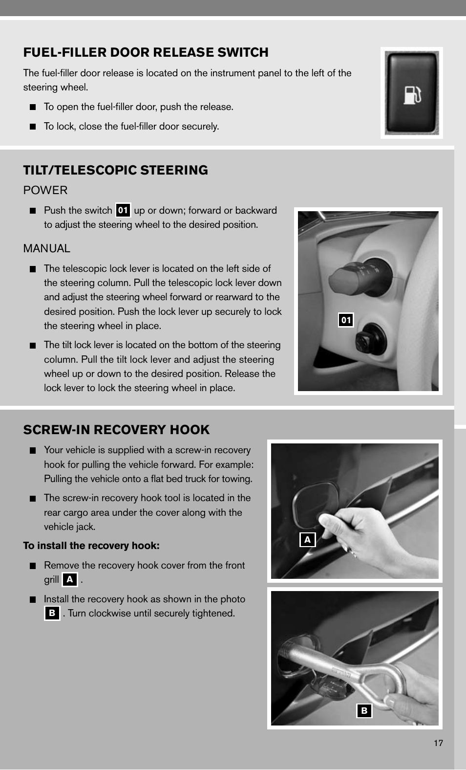 Fuel-filler door release switch, Tilt/telescopic steering, Screw-in recovery hook | NISSAN 2010 Murano User Manual | Page 19 / 48