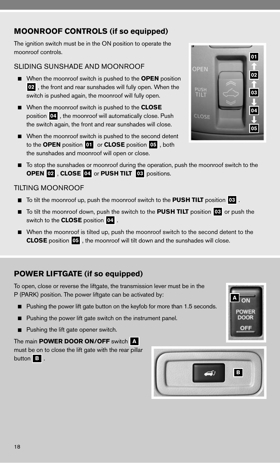 Moonroof controls (if so equipped), Power liftgate (if so equipped) | NISSAN 2010 Murano User Manual | Page 20 / 48