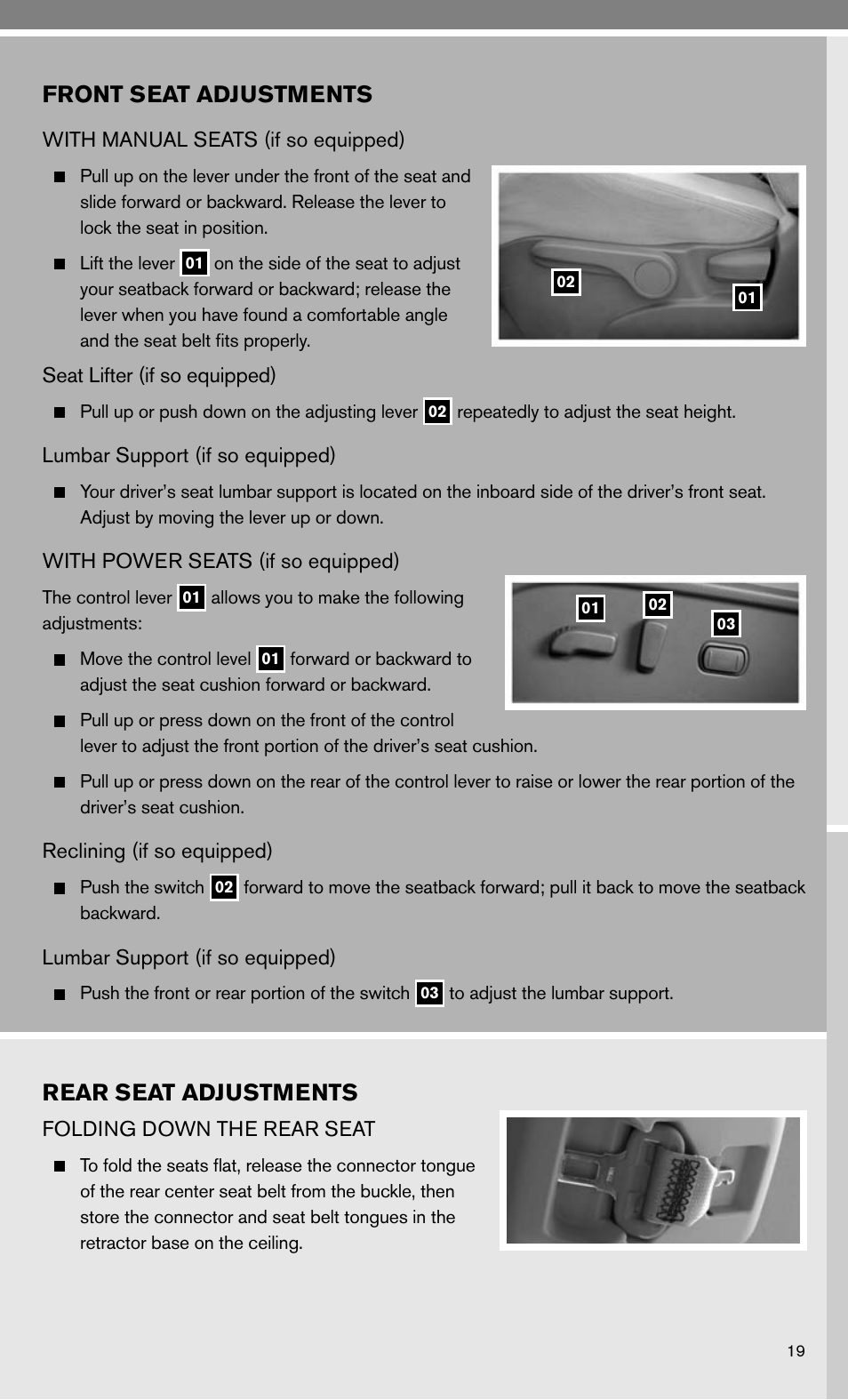 Front seat adjustments, Rear seat adjustments | NISSAN 2010 Murano User Manual | Page 21 / 48