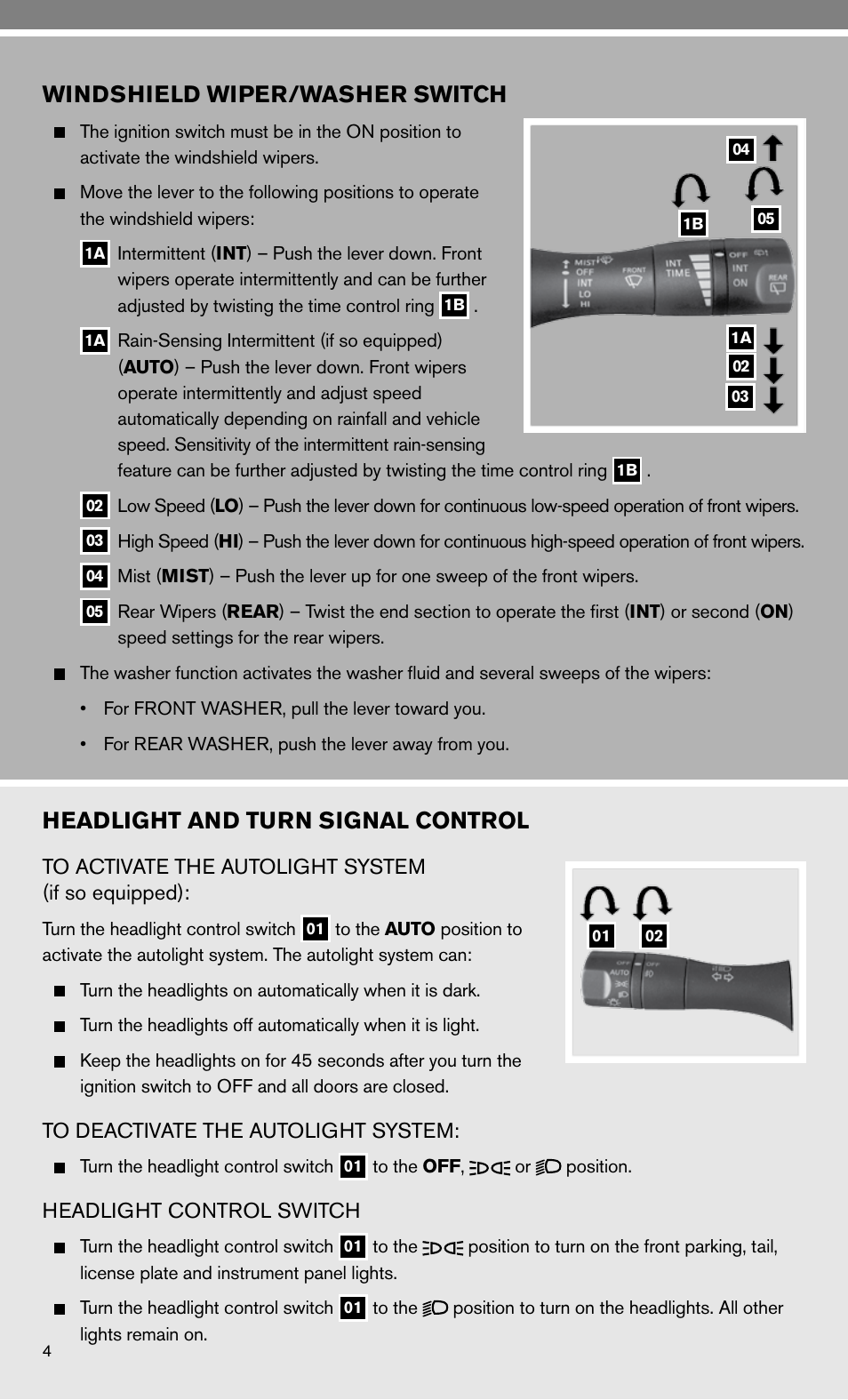 Headlight and turn signal control, Windshield wiper/washer switch | NISSAN 2010 Murano User Manual | Page 6 / 48