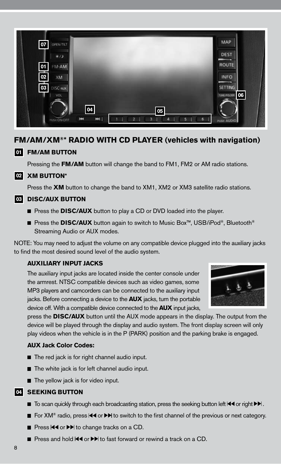 Fm/am/xm, Radio with cd player (vehicles with navigation) | NISSAN 2010 Altima Hybrid User Manual | Page 10 / 40