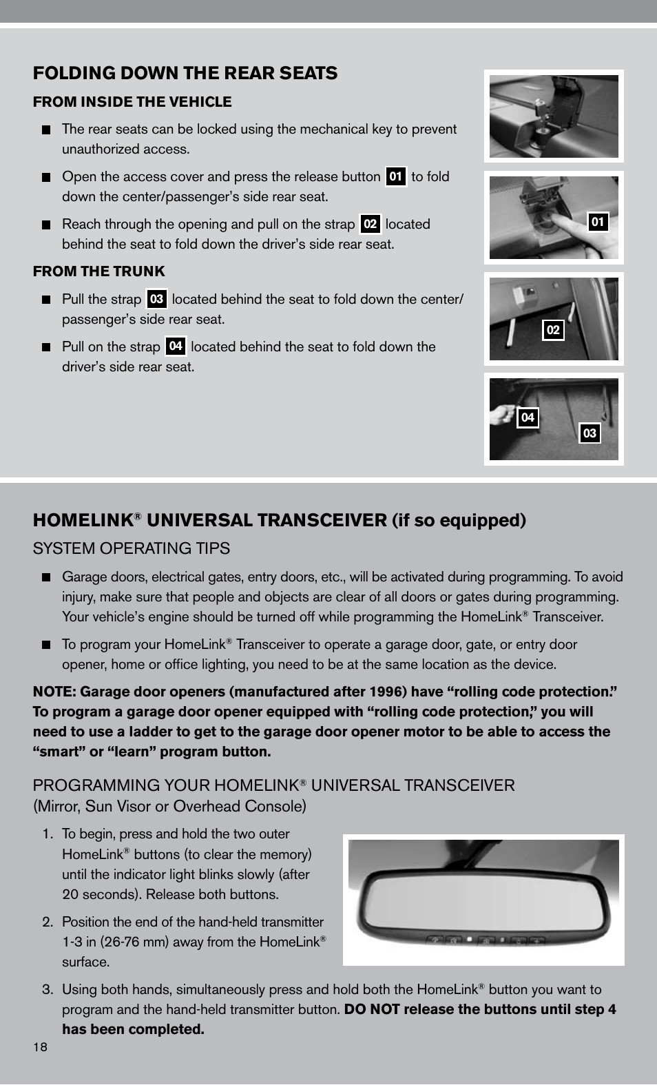 Homelink, Universal transceiver (if so equipped), Folding down the rear seats | NISSAN 2010 Altima Hybrid User Manual | Page 20 / 40