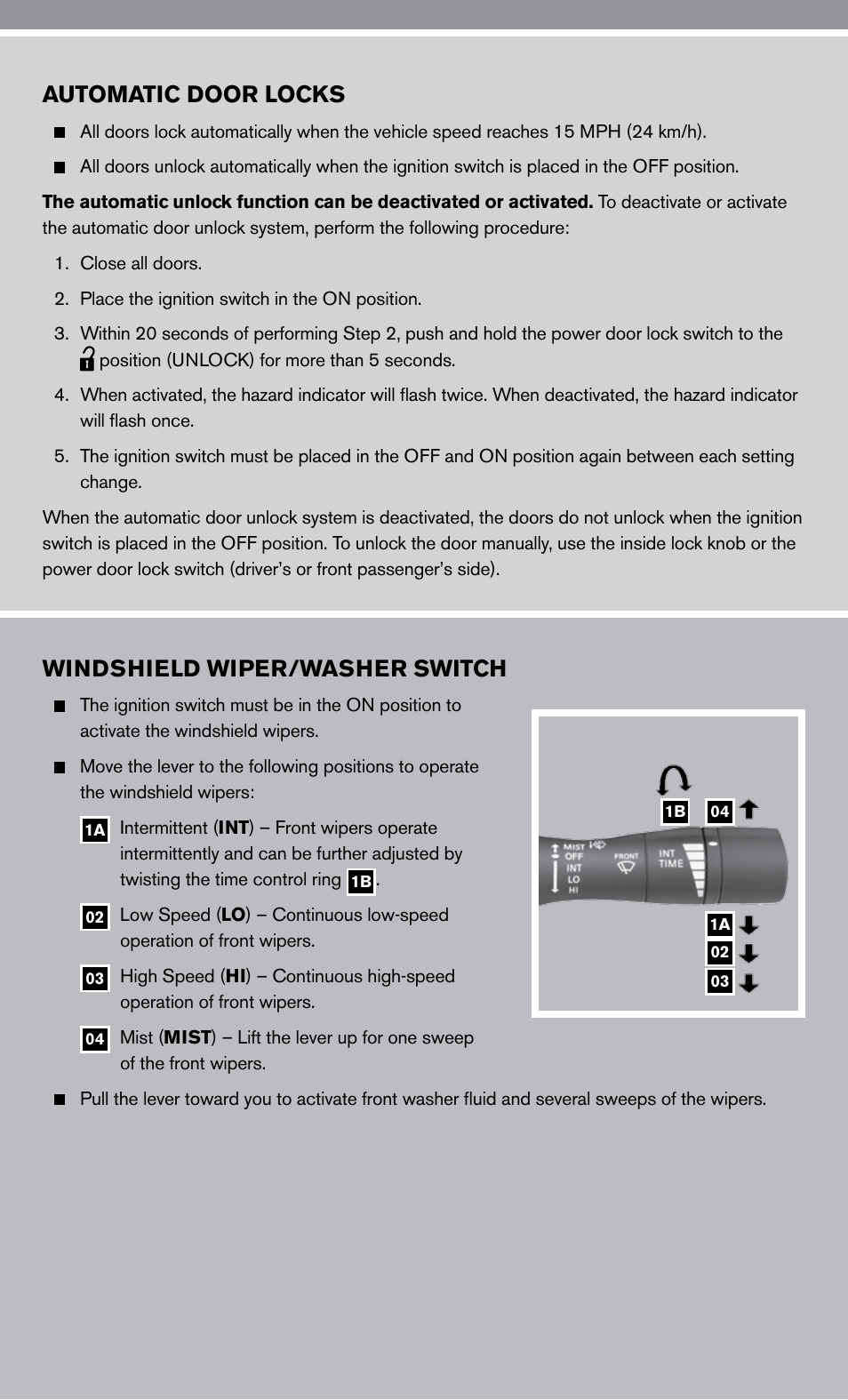 Automatic door locks, Windshield wiper/washer switch | NISSAN 2010 Altima Hybrid User Manual | Page 5 / 40