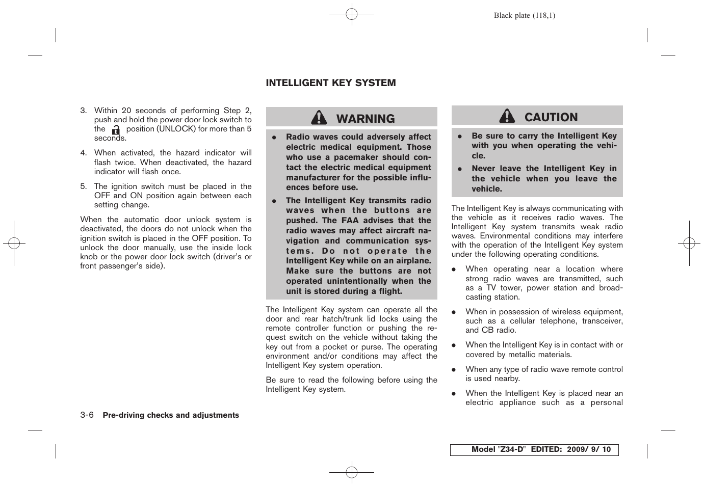 Intelligent key system -6, Warning, Caution | NISSAN 2010 Z Coupe User Manual | Page 118 / 409